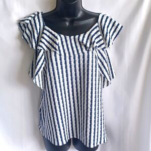 Anthropologie Eva Franco Textured Blue Stripe Sleeveless Top Bow Detail Size S